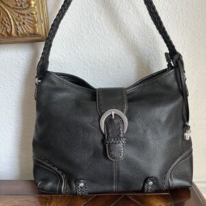 VTG Brighton Leather Handbag Purse Black Woven Handle Buckle Accent 11" x 14"‎